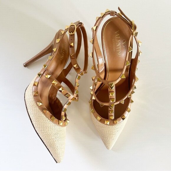 Valentino Garavani Rockstud Brown Leather Raffia Strappy Caged Heels - Picture 3 of 13